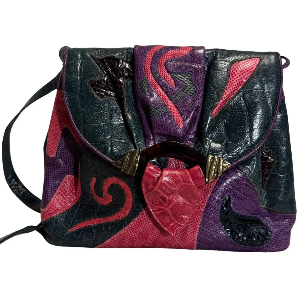 Vintage Sharif Multicolor Patchwork Exotic Leather Shoulder Bag – Rare 80s/90s - Picture 4 of 10